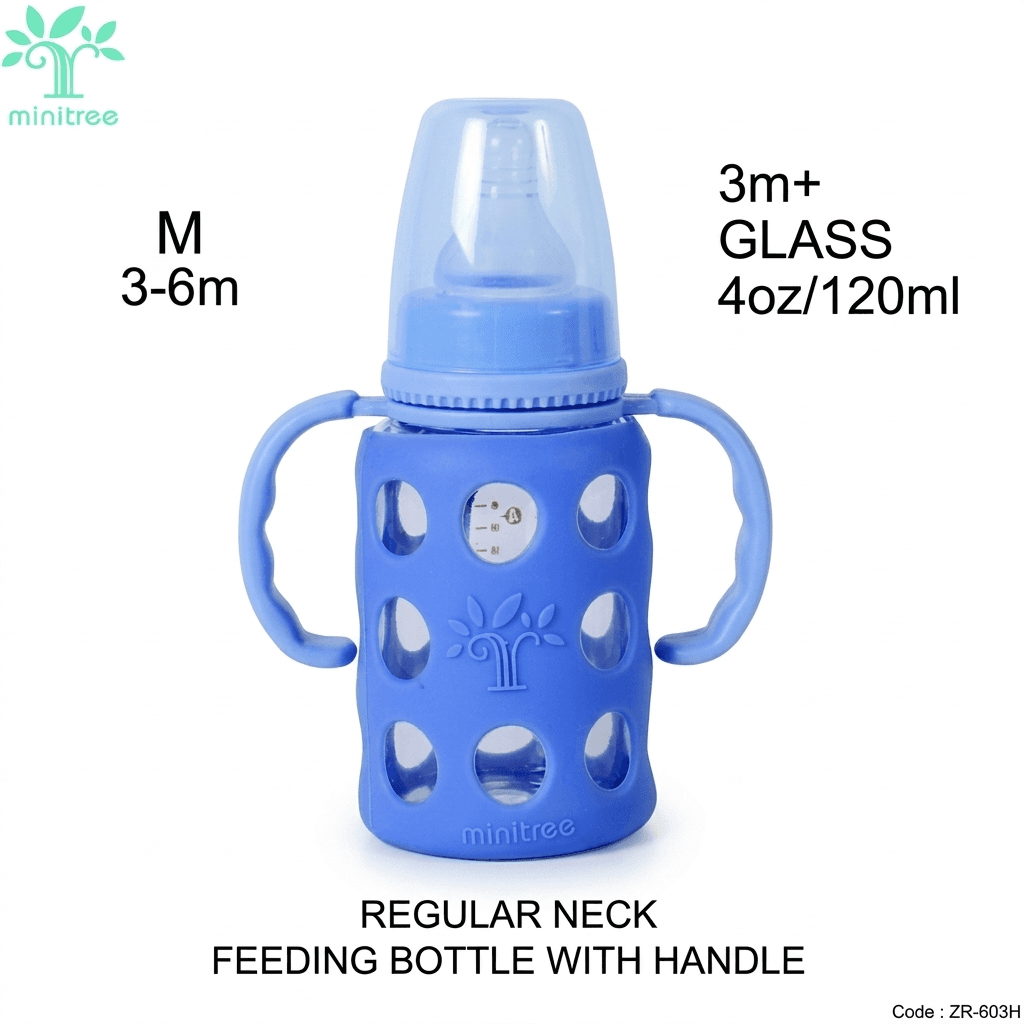 Minitree Glass Regular-Neck Feeding Bottle with Handle (120ml)
