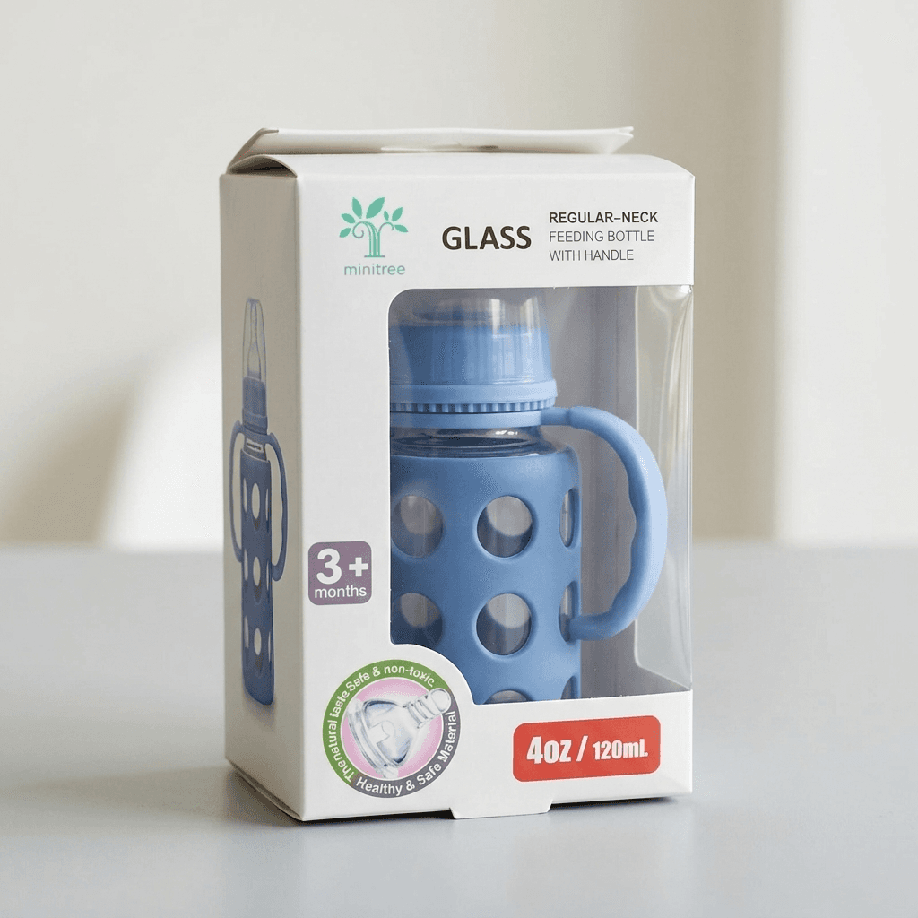 Minitree Glass Regular-Neck Feeding Bottle with Handle (120ml)