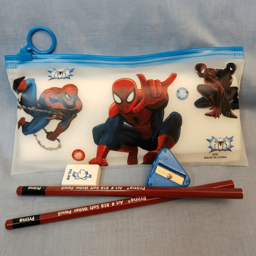 plastic Spider-Man cartoon pencil pouch with a blue zipper closure