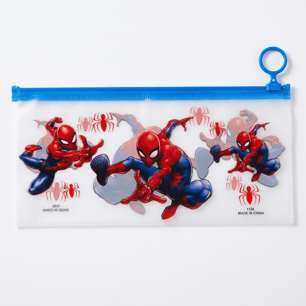 plastic Spider-Man cartoon pencil pouch with a blue zipper closure