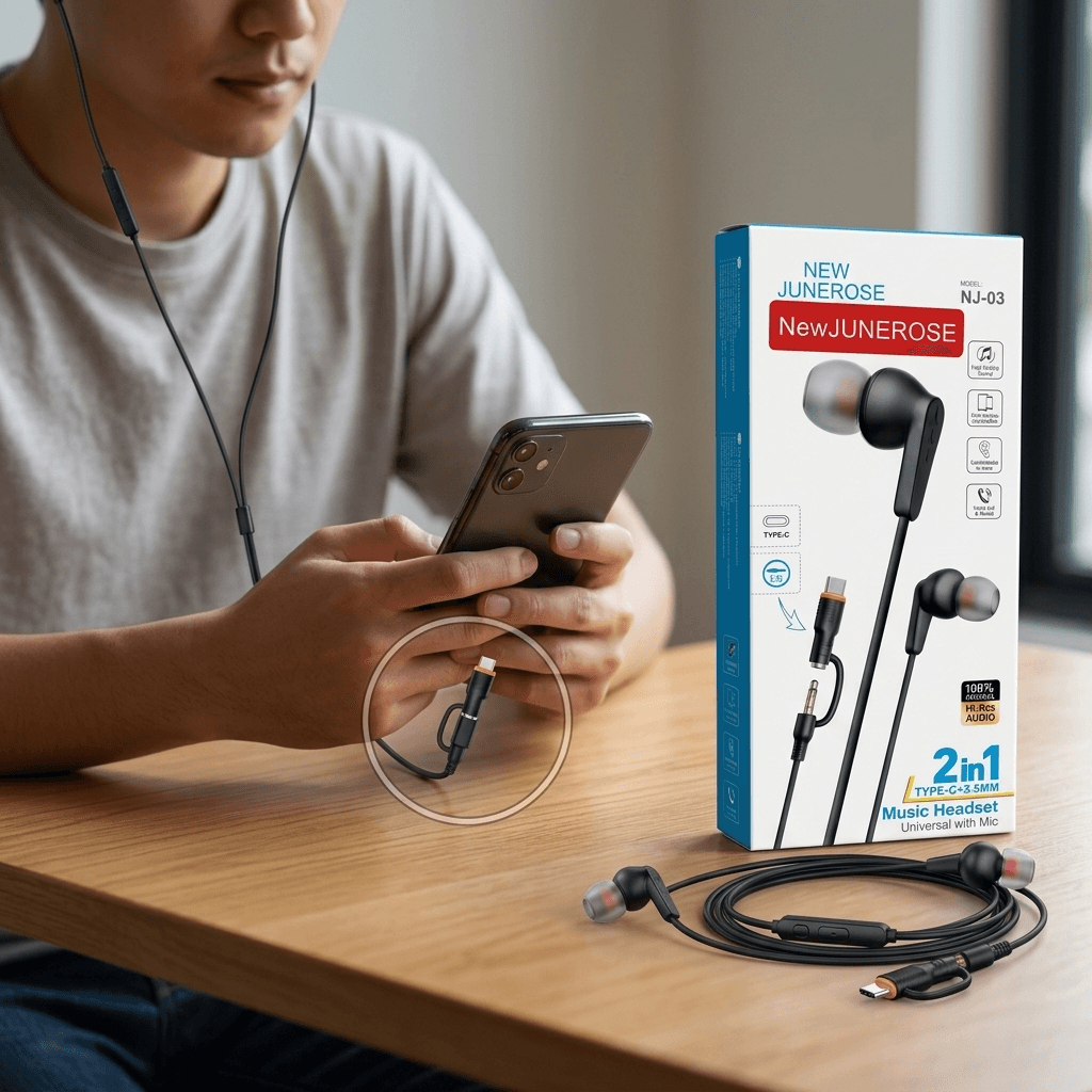 Junerose NJ-03 2-in-1 Type-C to 3.5mm Music Headset with Mic