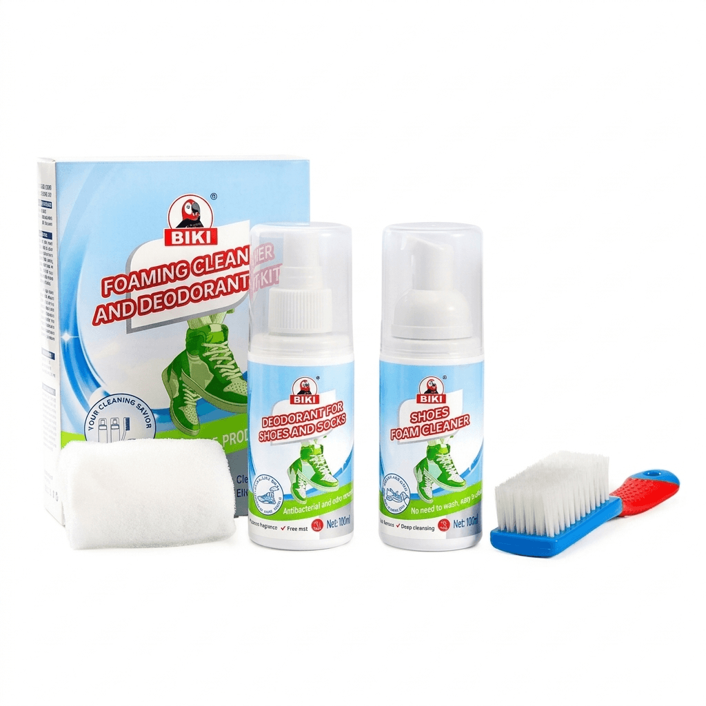 BIKI Foaming Shoe Cleaner & Deodorant Kit – Shoe Cleaning Foam with Brush & Towel