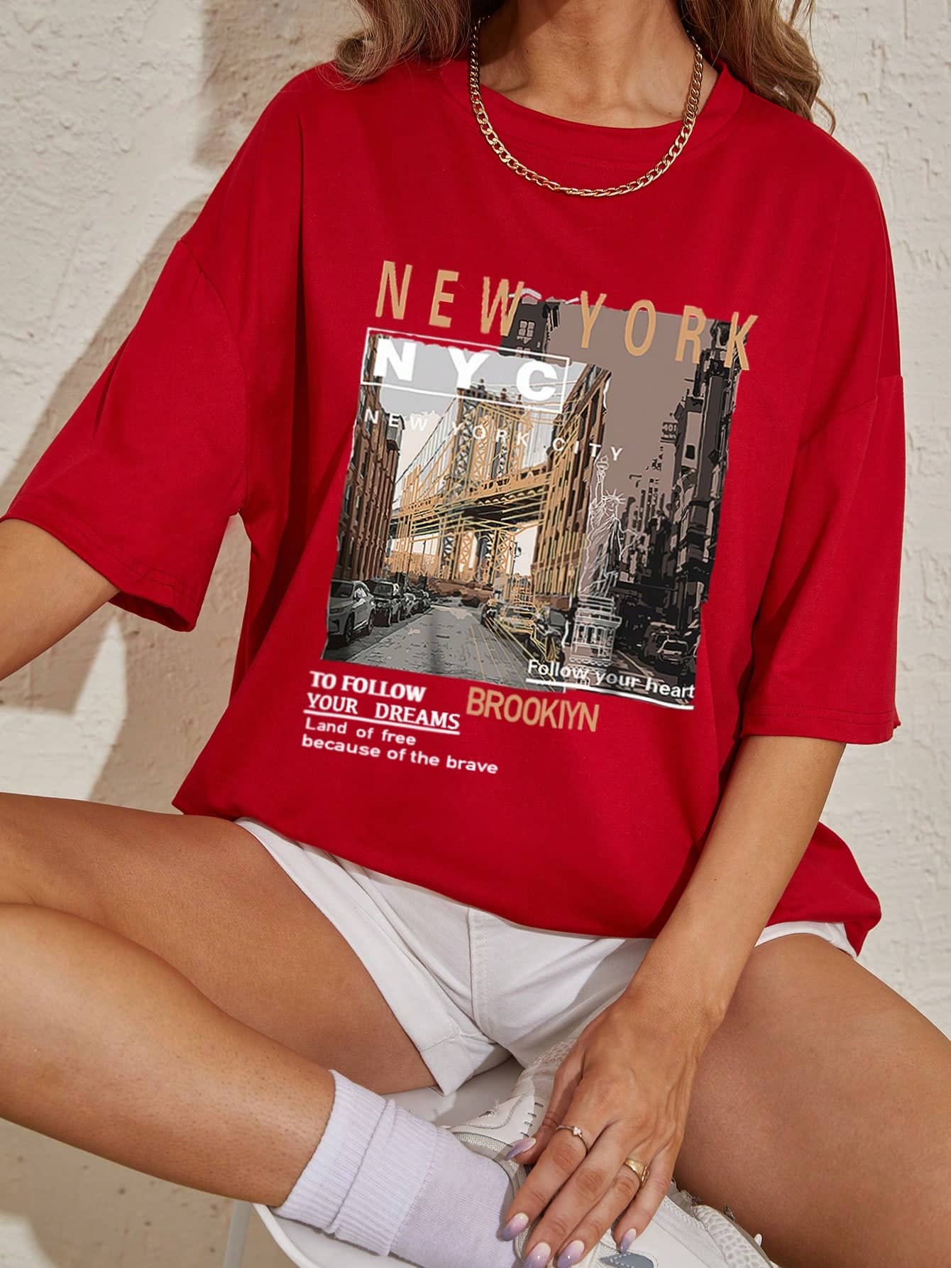 Women's Everyday Oversized Drop Shoulder Printed T Shirt