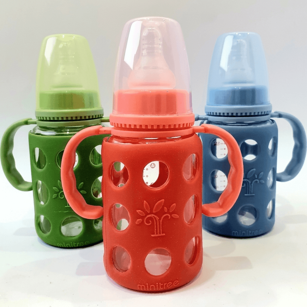 Minitree Glass Regular-Neck Feeding Bottle with Handle (120ml)