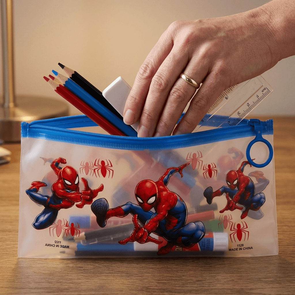 plastic Spider-Man cartoon pencil pouch with a blue zipper closure