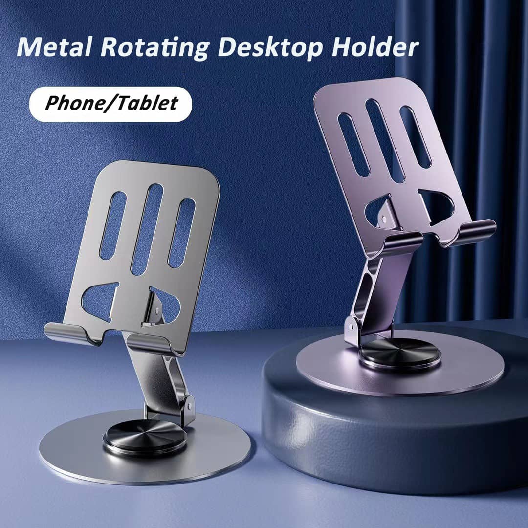 360° Rotating Full Metal Phone & Tablet Stand – Aluminum Alloy Adjustable Desktop Holder for Mobile Devices
