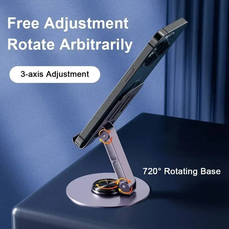 360° Rotating Full Metal Phone & Tablet Stand – Aluminum Alloy Adjustable Desktop Holder for Mobile Devices