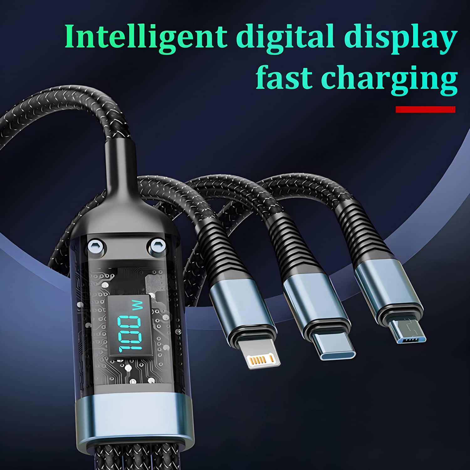 3 In 1 100W USB Type C Fast Charging Cable For iPhone Xiaomi Poco Huawei Samsung Micro USB Type C Multi Port Charging Wire - Multicolor