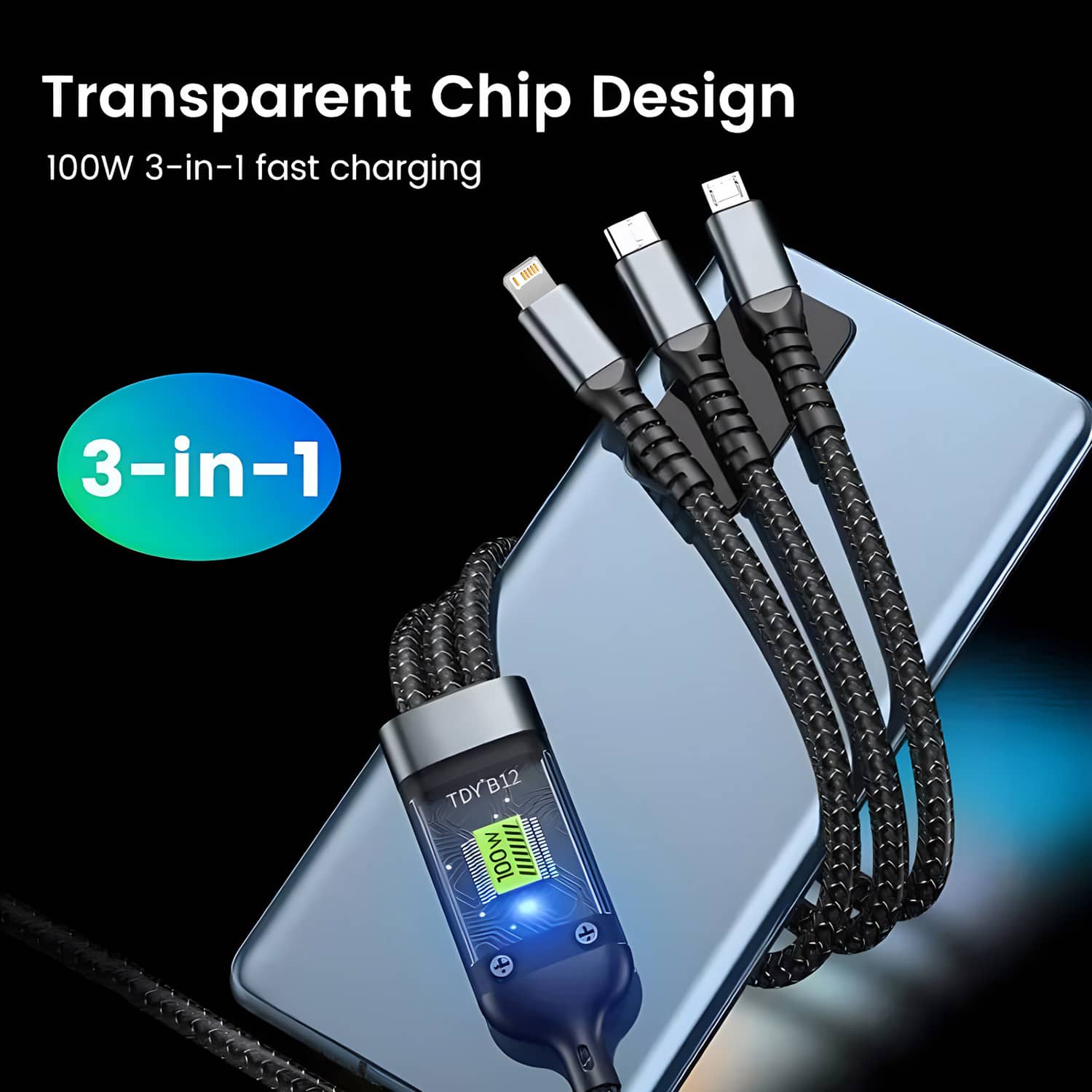 3 In 1 100W USB Type C Fast Charging Cable For iPhone Xiaomi Poco Huawei Samsung Micro USB Type C Multi Port Charging Wire - Multicolor