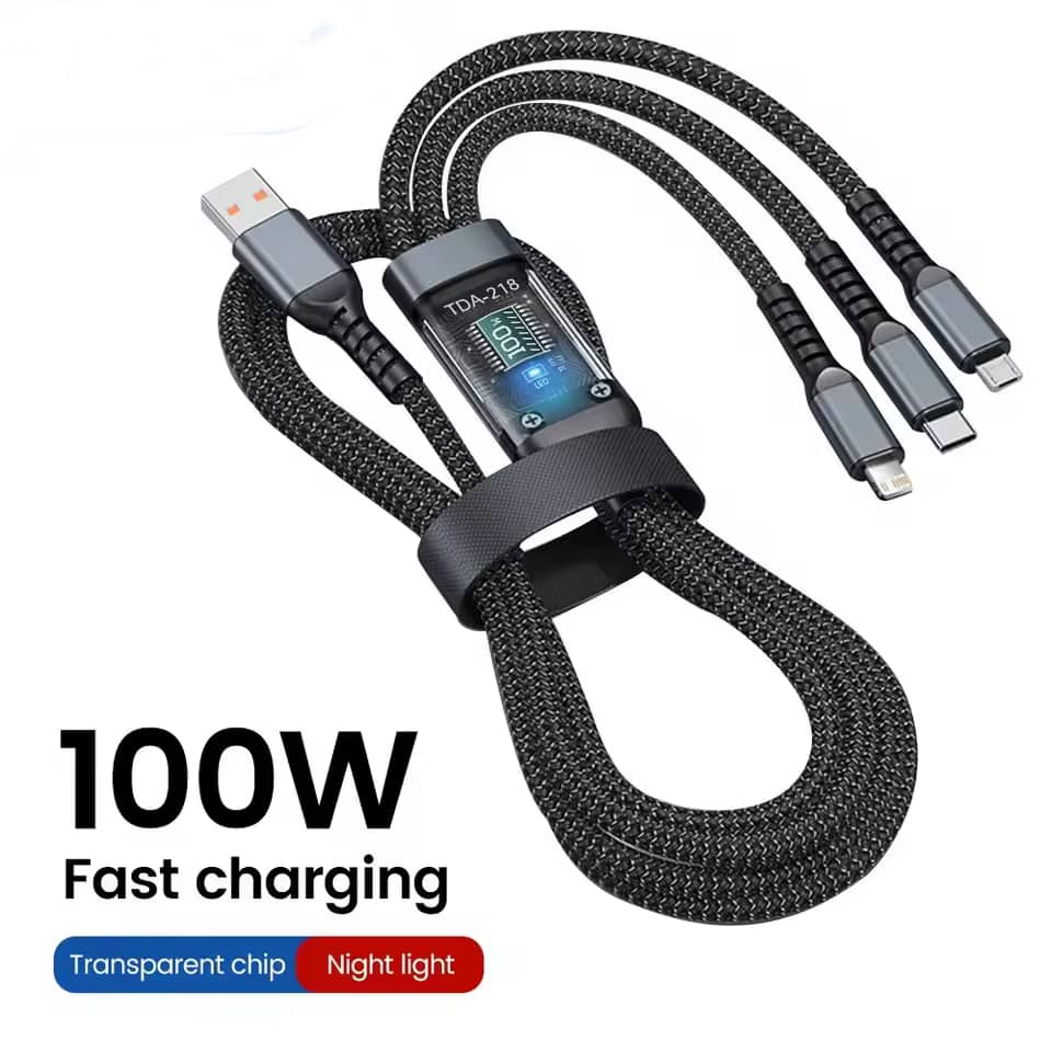 3 In 1 100W USB Type C Fast Charging Cable For iPhone Xiaomi Poco Huawei Samsung Micro USB Type C Multi Port Charging Wire - Multicolor